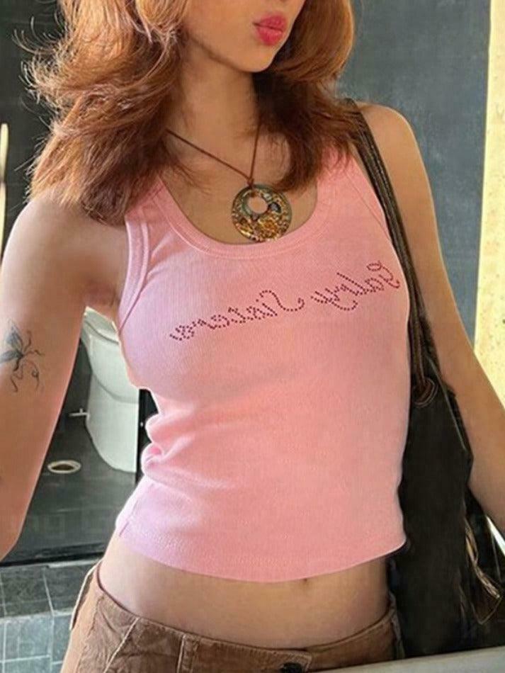Y2K Rhinestone Print Tank Top: Coquette Aesthetic with Grunge & Pastel Goth Vibes