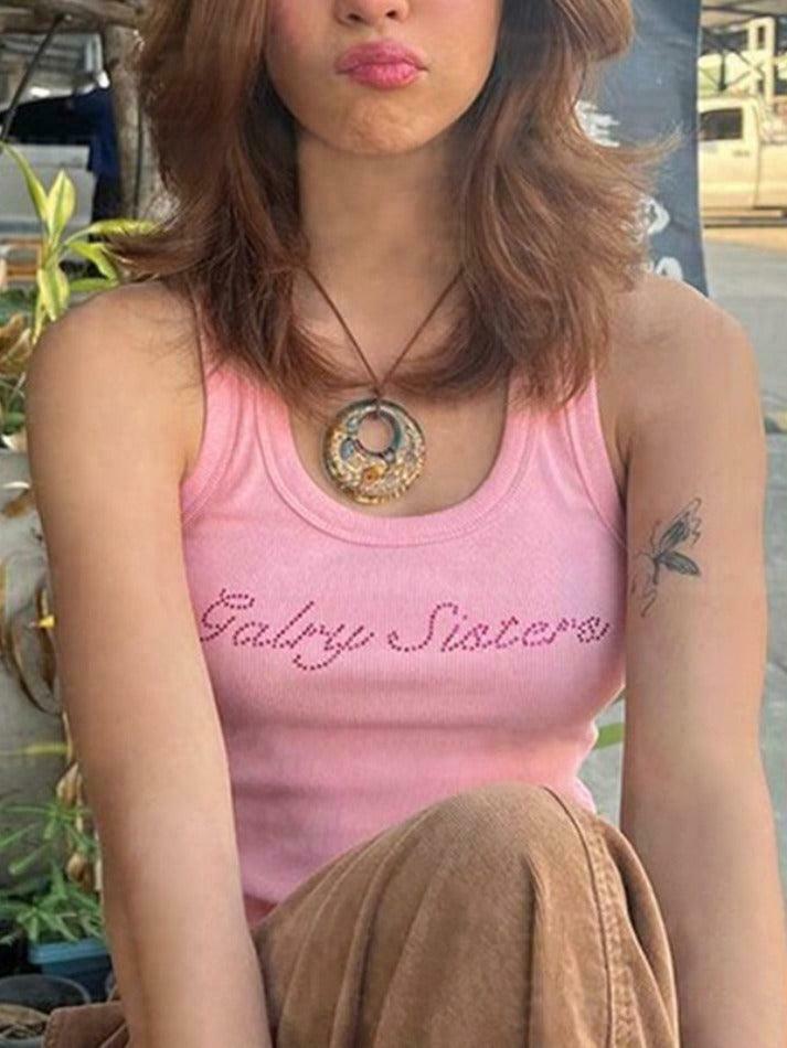 Y2K Rhinestone Print Tank Top: Coquette Aesthetic with Grunge & Pastel Goth Vibes