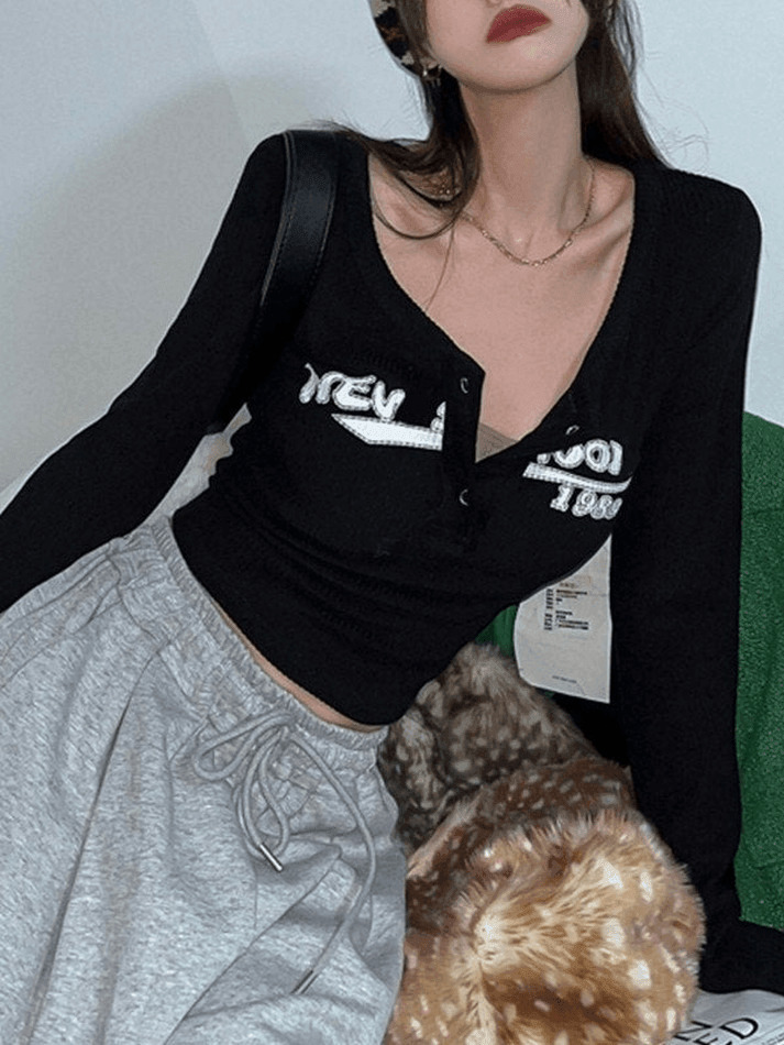 Y2K Ribbed Knit Crop Top in Long Sleeve - Coquette Aesthetic Grunge Style for Women Fashion