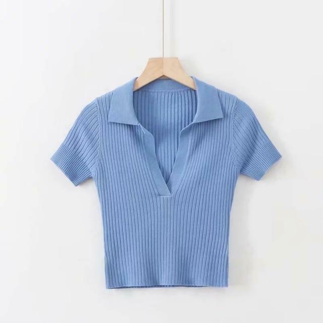 Y2K Ribbed Polo Crop Top - Coquette Aesthetic Grunge Style Cute Tops Pastel Goth Cargo Skirt