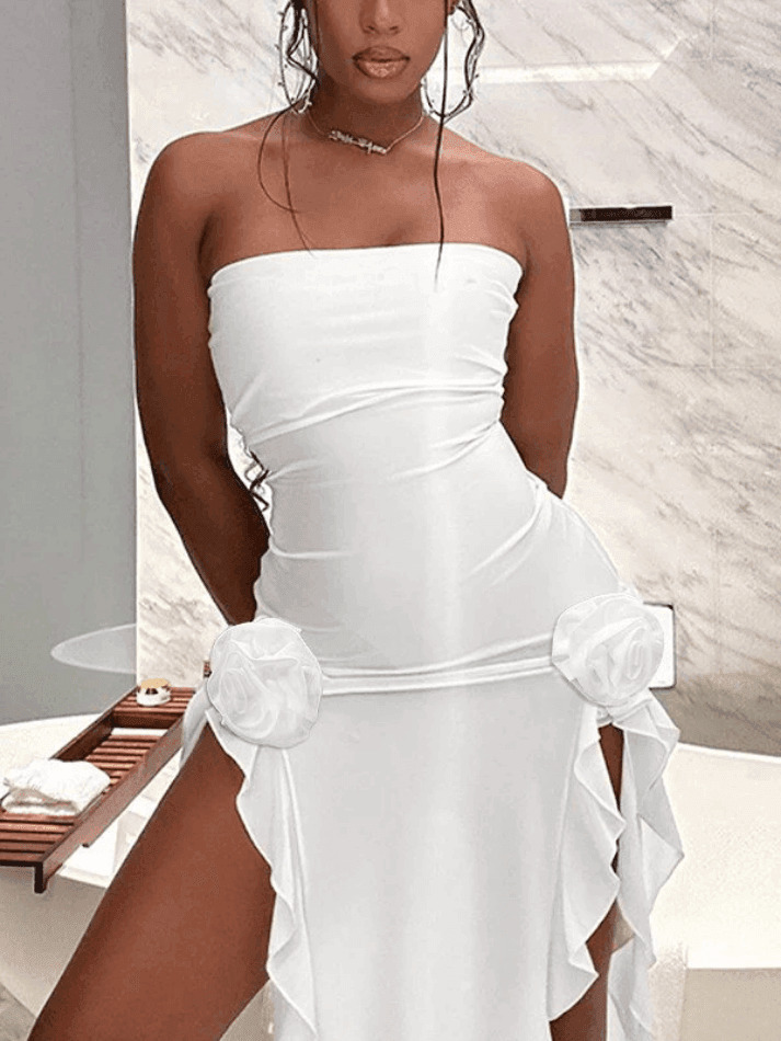 Y2K Ruffle Mesh Bandeau Maxi Dress - Coquette Aesthetic, Grunge Style, Pastel Goth