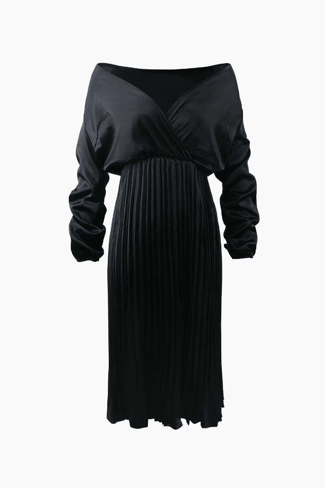 Y2K Satin Pleated Midi Dress: Coquette Aesthetic Off-Shoulder Fashion for Women