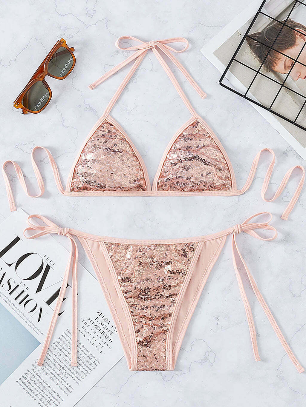 Y2K Sequin Strap Bikini - Sexy Solid Color Swimsuit for Women