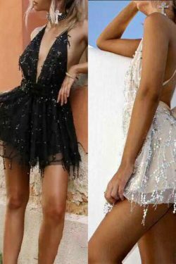 Y2K Sequin Suspender Dress: Backless V-neck for Women's Fashion Aesthetic