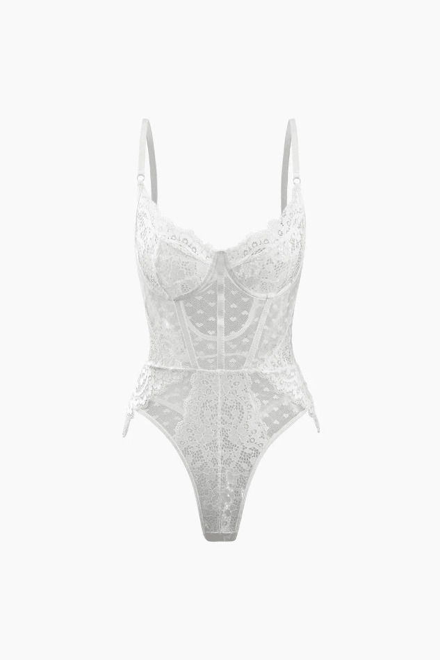 Y2K Sheer Heart Lace Bodysuit - Coquette Aesthetic Grunge Style - Cute Tops & Cargo Skirt