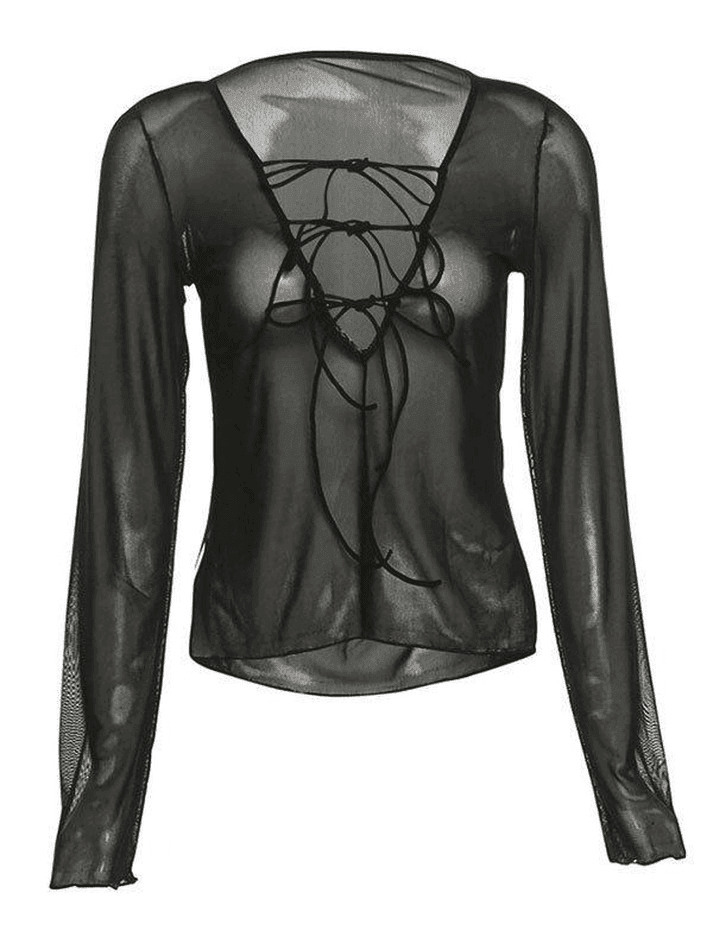Y2K Sheer Mesh Lace-Up Blouse - Coquette Aesthetic Grunge Style Fashion Top
