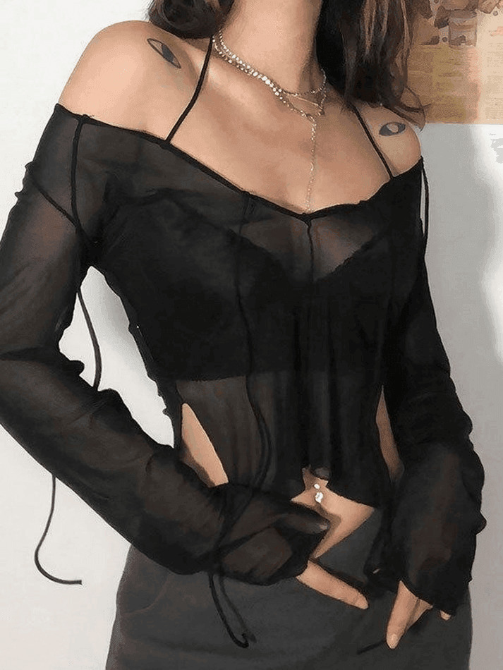 Y2K Sheer Mesh Lace-Up Blouse - Coquette Aesthetic Grunge Style Fashion Top