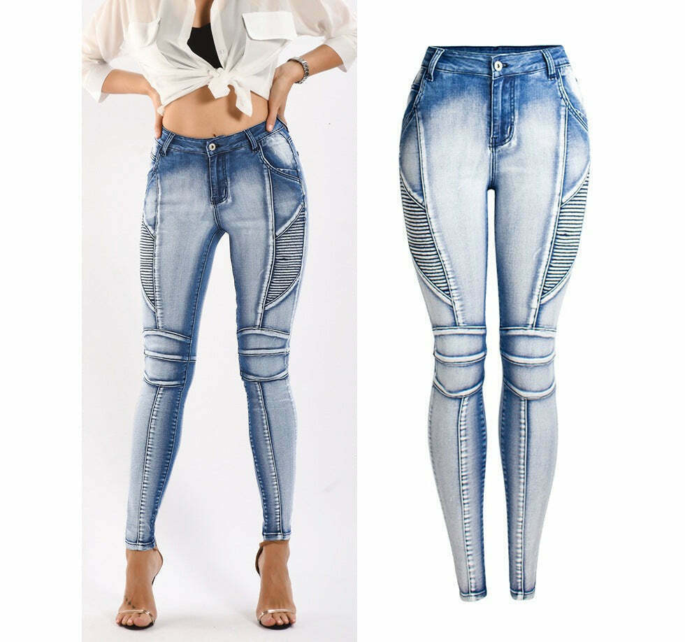 Y2K Slim Elastic Denim Pencil Jeans for Women - Coquette Aesthetic Grunge Style Cargo Skirt Outfit