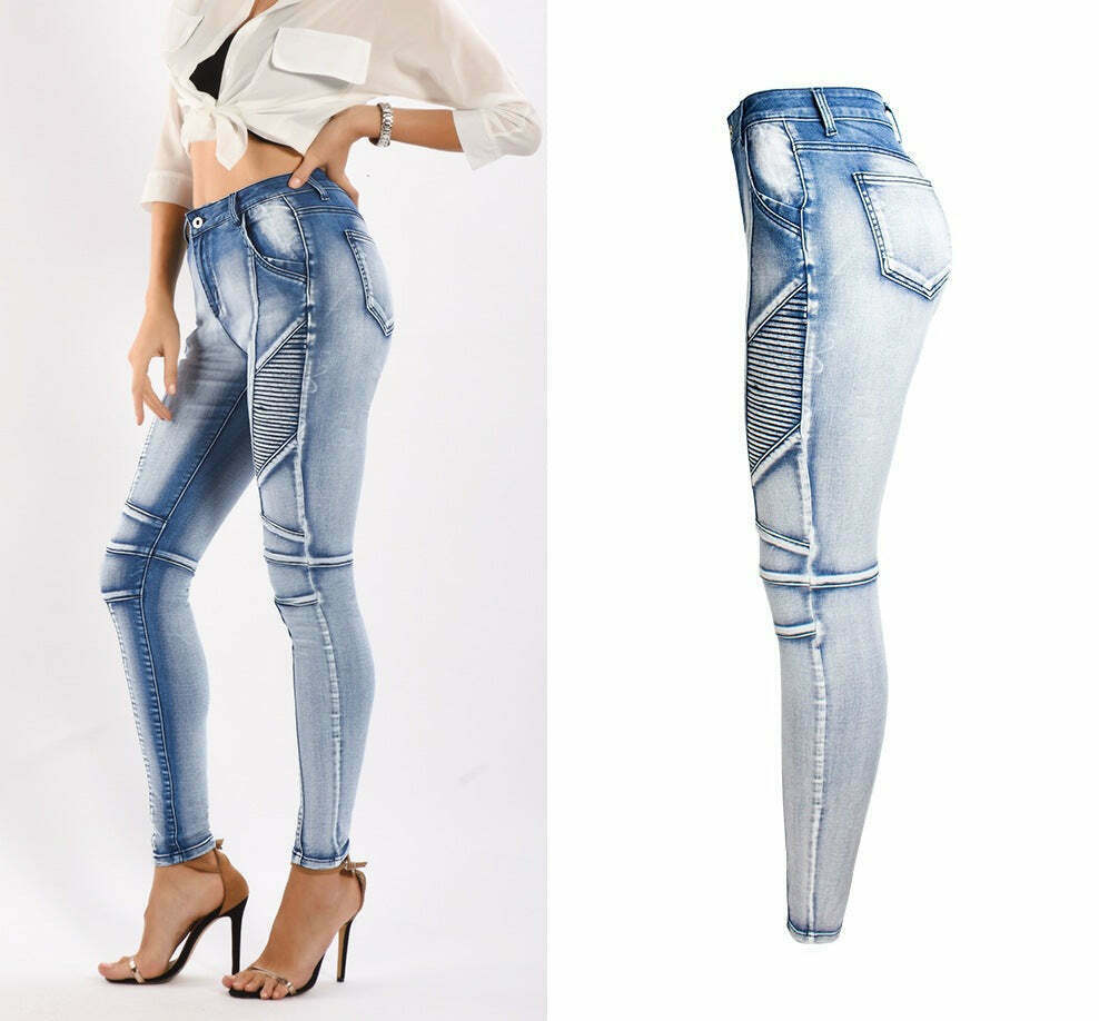 Y2K Slim Elastic Denim Pencil Jeans for Women - Coquette Aesthetic Grunge Style Cargo Skirt Outfit