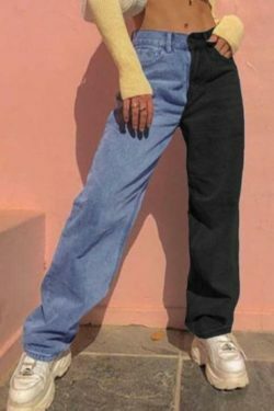 Y2K Split Colour Jeans: Coquette Aesthetic Grunge Style for Women - Unique Fashion Statement