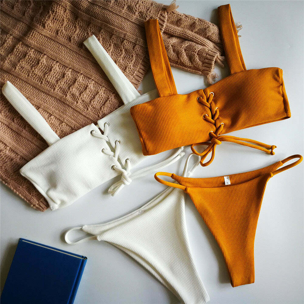 Y2K Split Eyelet Lace Bra & Bikini Set - Coquette Aesthetic Grunge Style - Cute Pastel Goth Fashion