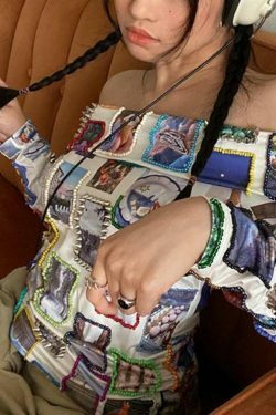 Y2K Stamp Print Off Shoulder Tee - Coquette Aesthetic Grunge Style Cute Tops Pastel Goth Cargo Skirt