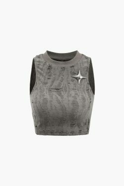 Y2K Star Decor Destroyed Tank Top - Coquette Aesthetic Grunge Style Cute Tops Pastel Goth Fashion