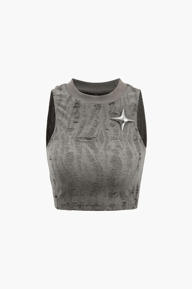 Y2K Star Decor Destroyed Tank Top - Coquette Aesthetic Grunge Style Cute Tops Pastel Goth Fashion
