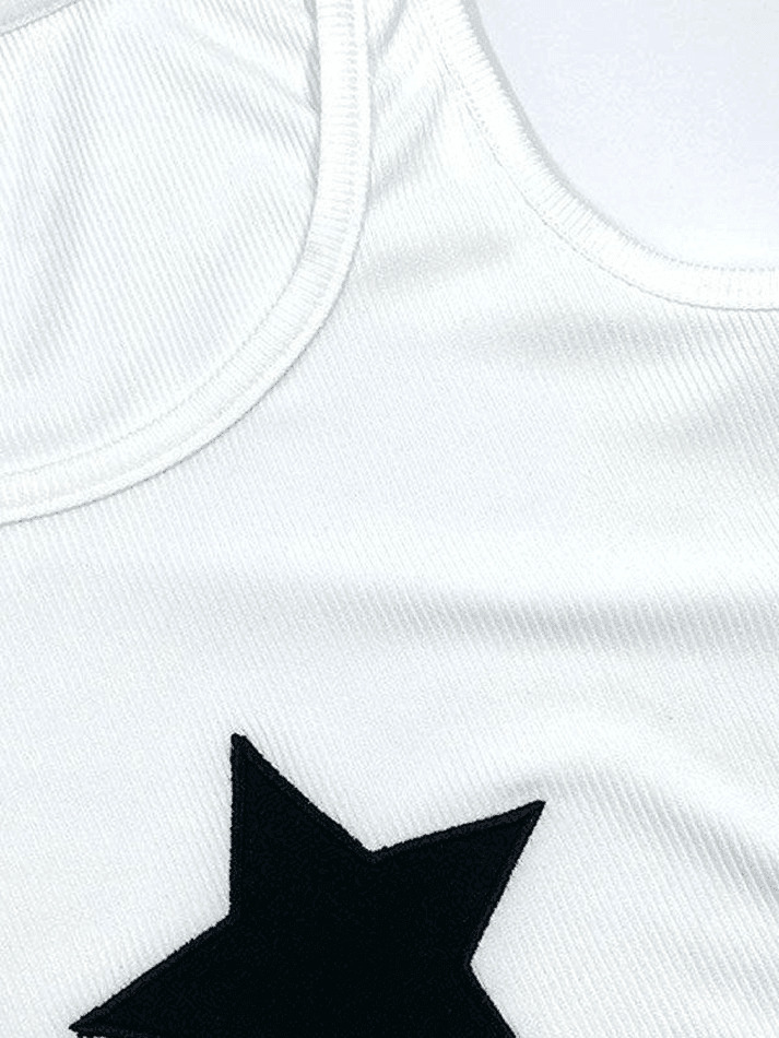 Y2K Star Embroidered Ribbed Crop Tank - Coquette Aesthetic Grunge Style Cute Top