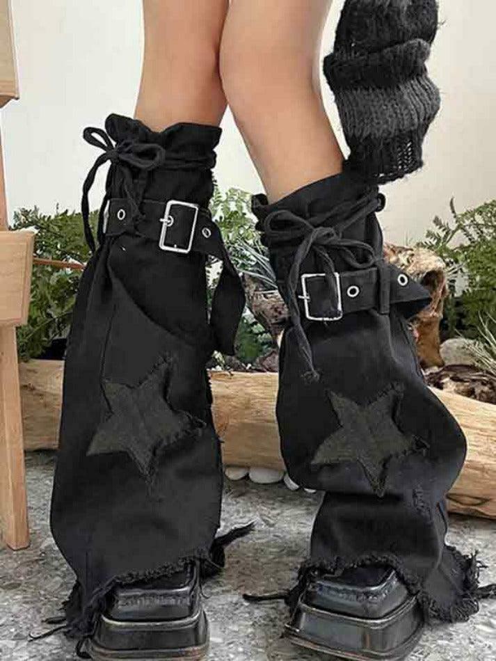 Y2K Star Embroidery Lace Up Flare Leg Warmer for Niche Women Fashion