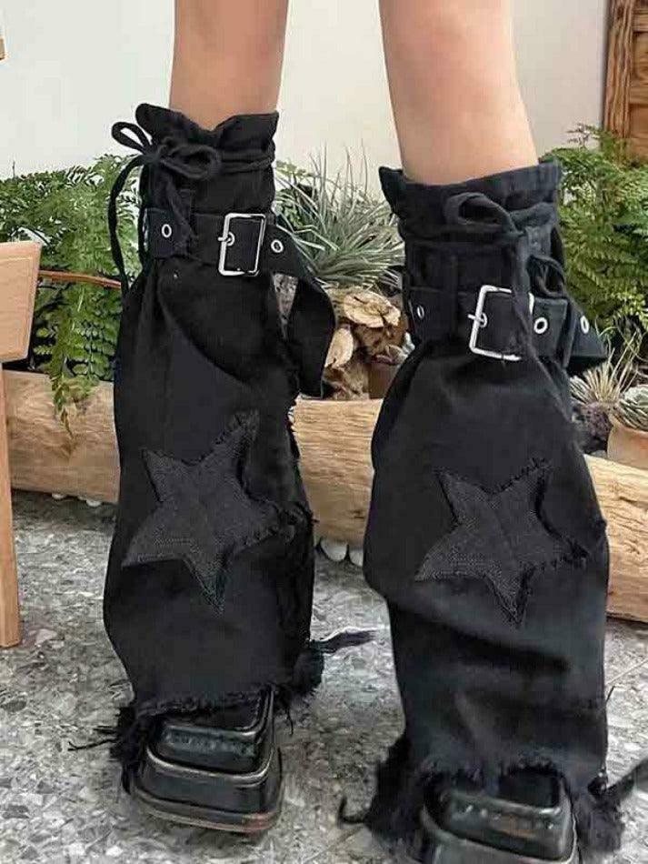 Y2K Star Embroidery Lace Up Flare Leg Warmer for Niche Women Fashion