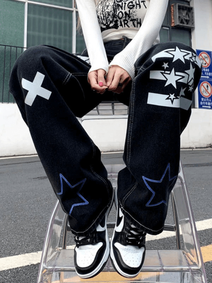 Y2K Star Graphic Cargo Jeans - Coquette Aesthetic Grunge Style - Cute Tops & Pastel Goth Fashion