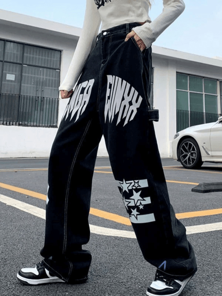 Y2K Star Graphic Cargo Jeans - Coquette Aesthetic Grunge Style - Cute Tops & Pastel Goth Fashion
