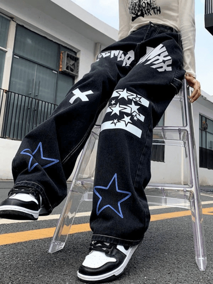 Y2K Star Graphic Cargo Jeans - Coquette Aesthetic Grunge Style - Cute Tops & Pastel Goth Fashion
