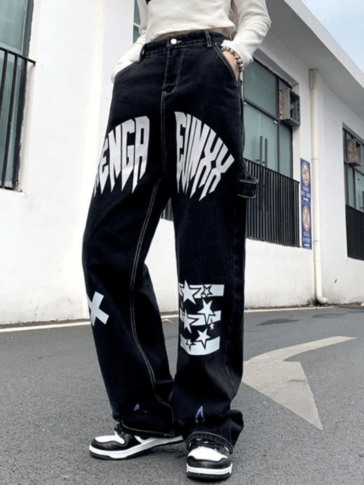 Y2K Star Graphic Cargo Jeans - Coquette Aesthetic Grunge Style - Cute Tops & Pastel Goth Fashion