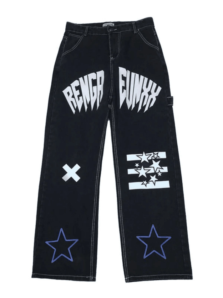 Y2K Star Graphic Cargo Jeans - Coquette Aesthetic Grunge Style - Cute Tops & Pastel Goth Fashion