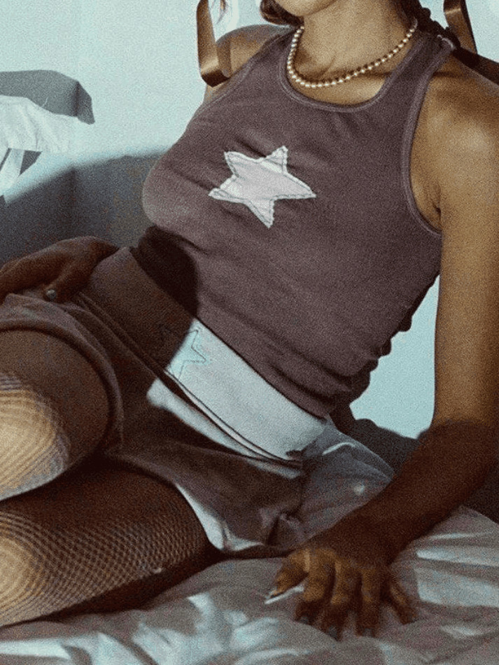 Y2K Star Patch Crop Ribbed Tank Top - Coquette Aesthetic Grunge Style Cute Tops & Cargo Skirt