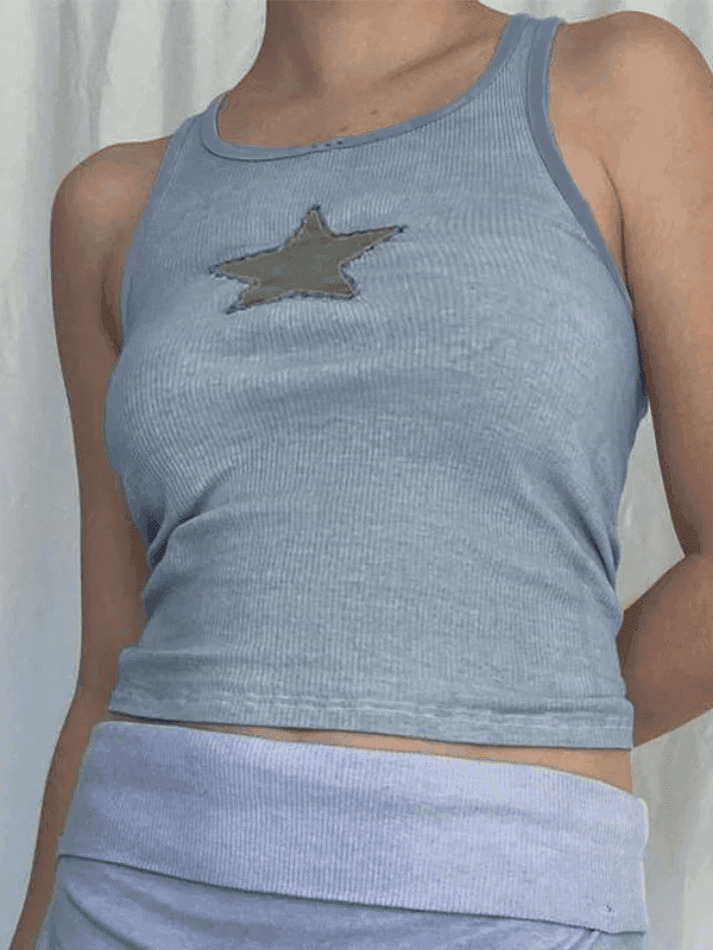Y2K Star Patch Crop Ribbed Tank Top - Coquette Aesthetic Grunge Style Cute Tops & Cargo Skirt