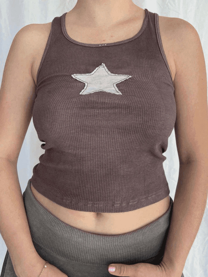 Y2K Star Patch Crop Ribbed Tank Top - Coquette Aesthetic Grunge Style Cute Tops & Cargo Skirt