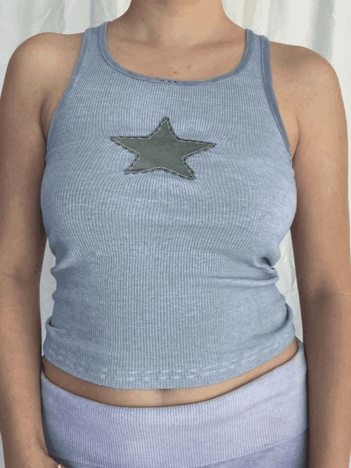 Y2K Star Patch Crop Ribbed Tank Top - Coquette Aesthetic Grunge Style Cute Tops & Cargo Skirt