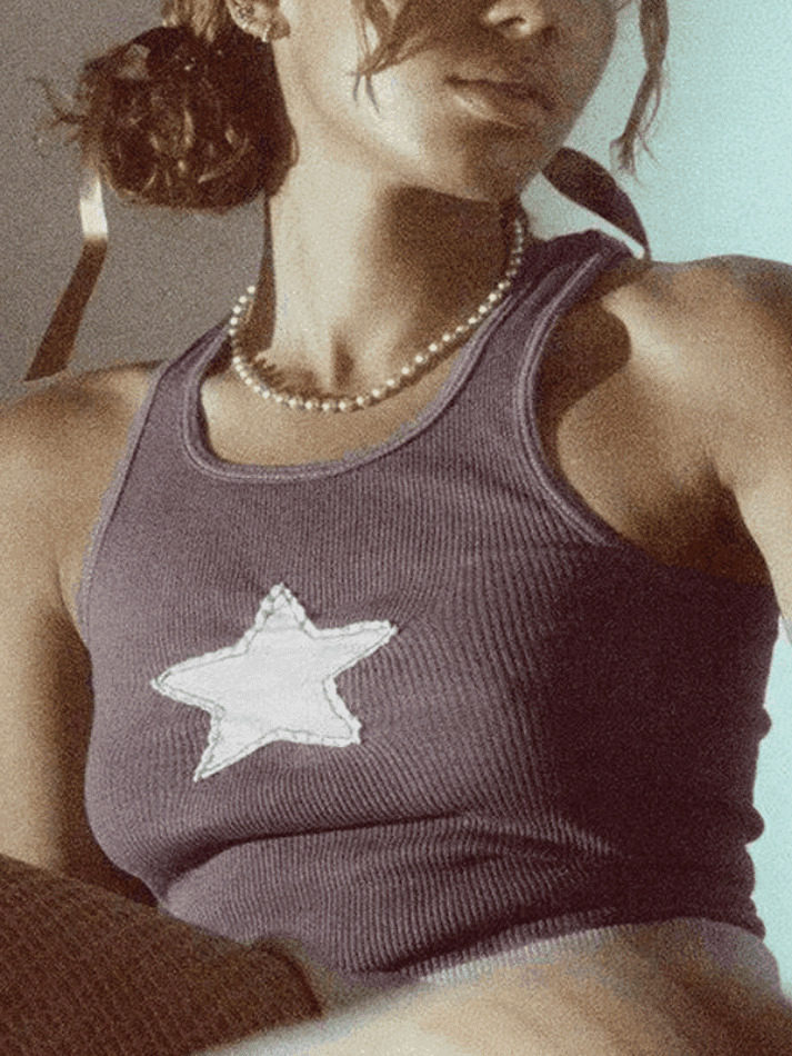 Y2K Star Patch Crop Ribbed Tank Top - Coquette Aesthetic Grunge Style Cute Tops & Cargo Skirt