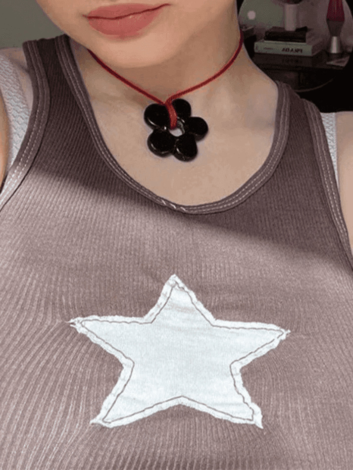 Y2K Star Patch Crop Ribbed Tank Top - Coquette Aesthetic Grunge Style Cute Tops & Cargo Skirt