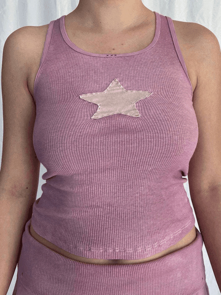 Y2K Star Patch Crop Ribbed Tank Top - Coquette Aesthetic Grunge Style Cute Tops & Cargo Skirt
