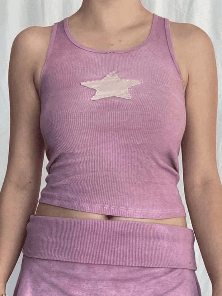 Y2K Star Patch Crop Ribbed Tank Top - Coquette Aesthetic Grunge Style Cute Tops & Cargo Skirt
