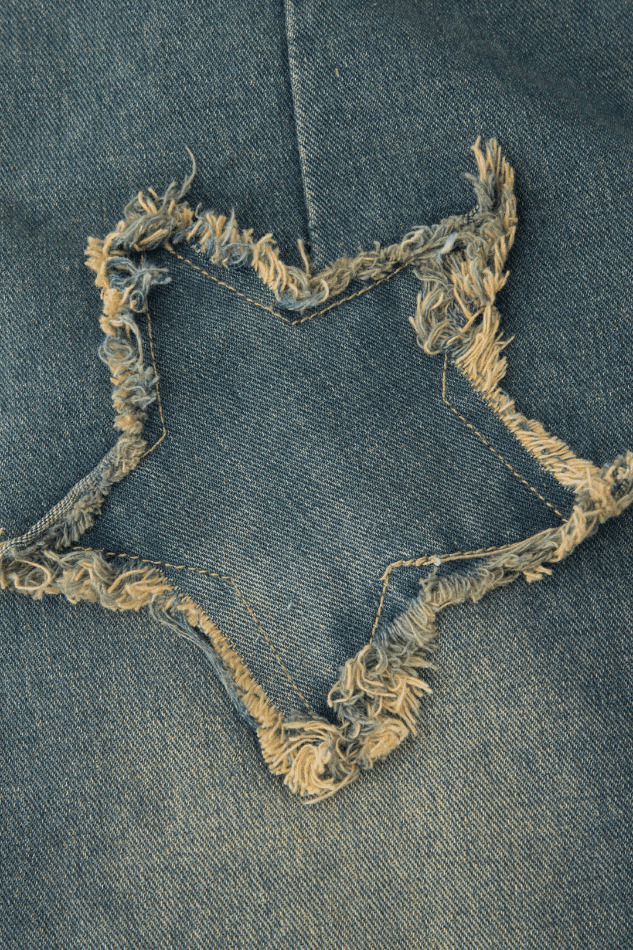 Y2K Star Patchwork Frayed Denim Skirt - Coquette Aesthetic Grunge Style - Cute Tops & Cargo Skirt