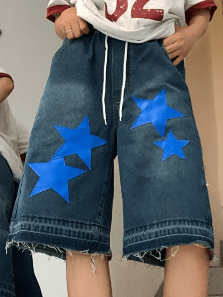 Y2K Star Print Cropped Denim Shorts - Coquette Aesthetic Grunge Style for Women