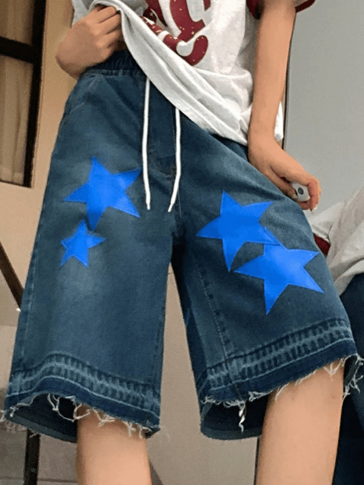 Y2K Star Print Cropped Denim Shorts - Coquette Aesthetic Grunge Style for Women