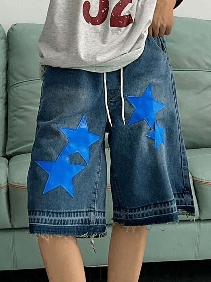 Y2K Star Print Cropped Denim Shorts - Coquette Aesthetic Grunge Style for Women