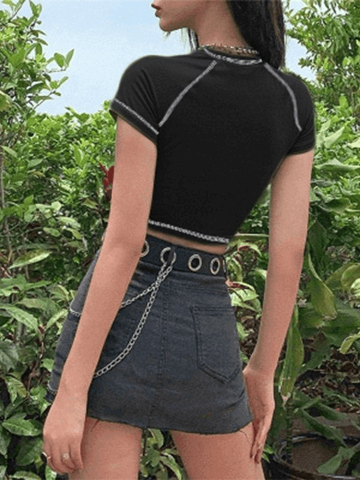 Y2K Stitched Detail Crop Top: Coquette Grunge Aesthetic - Women's Fashion