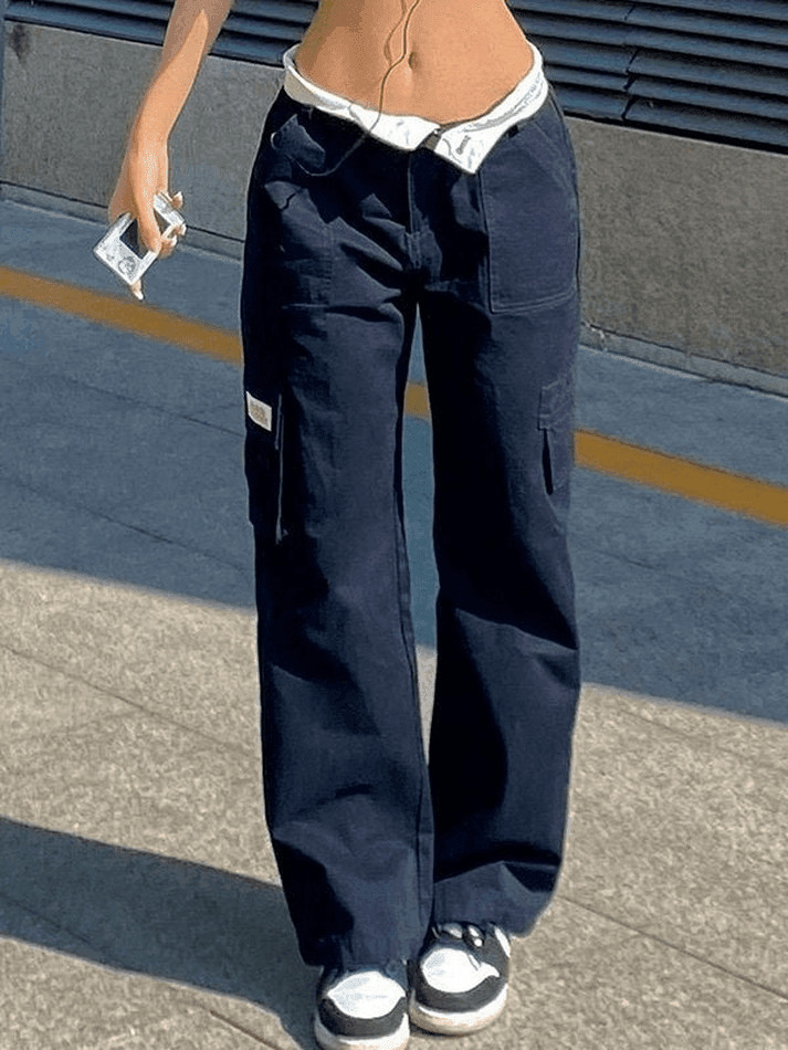 Y2K Straight Leg Pants with Fold Over Waist - Coquette Aesthetic Cargo Skirt for Women
