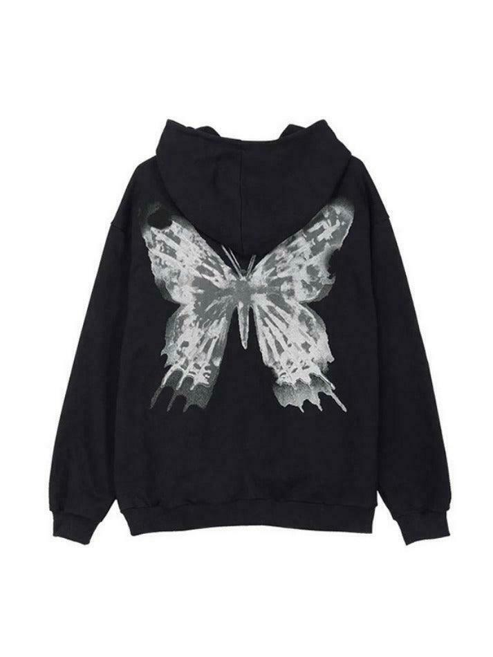 Y2K Street Butterfly Print Zip Up Oversized Hoodie