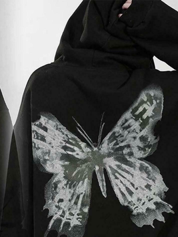 Y2K Street Butterfly Print Zip Up Oversized Hoodie