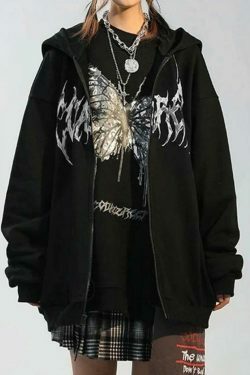 Y2K Street Butterfly Print Zip Up Oversized Hoodie