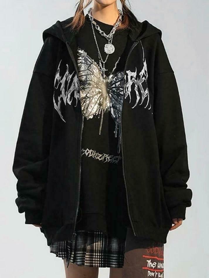 Y2K Street Butterfly Print Zip Up Oversized Hoodie