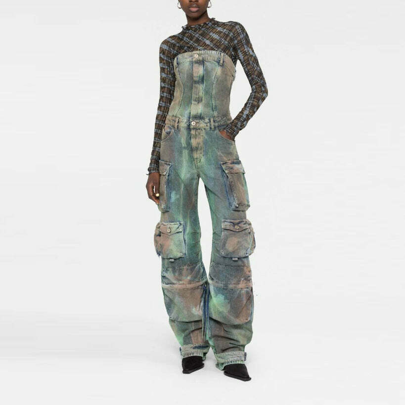 Y2K Street Cargo Jumpsuit with Mid-Waist Tie-Dye Effect - Coquette Aesthetic Grunge Style for Women