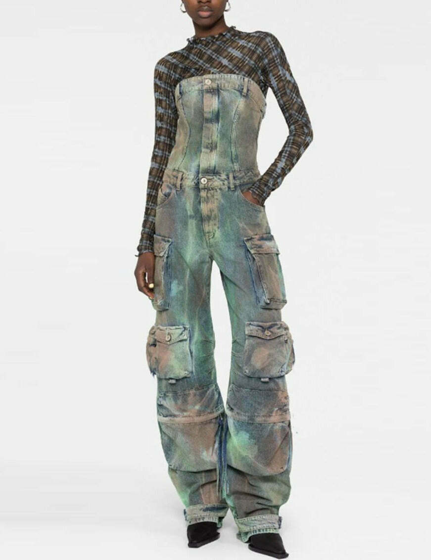 Y2K Street Cargo Jumpsuit with Mid-Waist Tie-Dye Effect - Coquette Aesthetic Grunge Style for Women