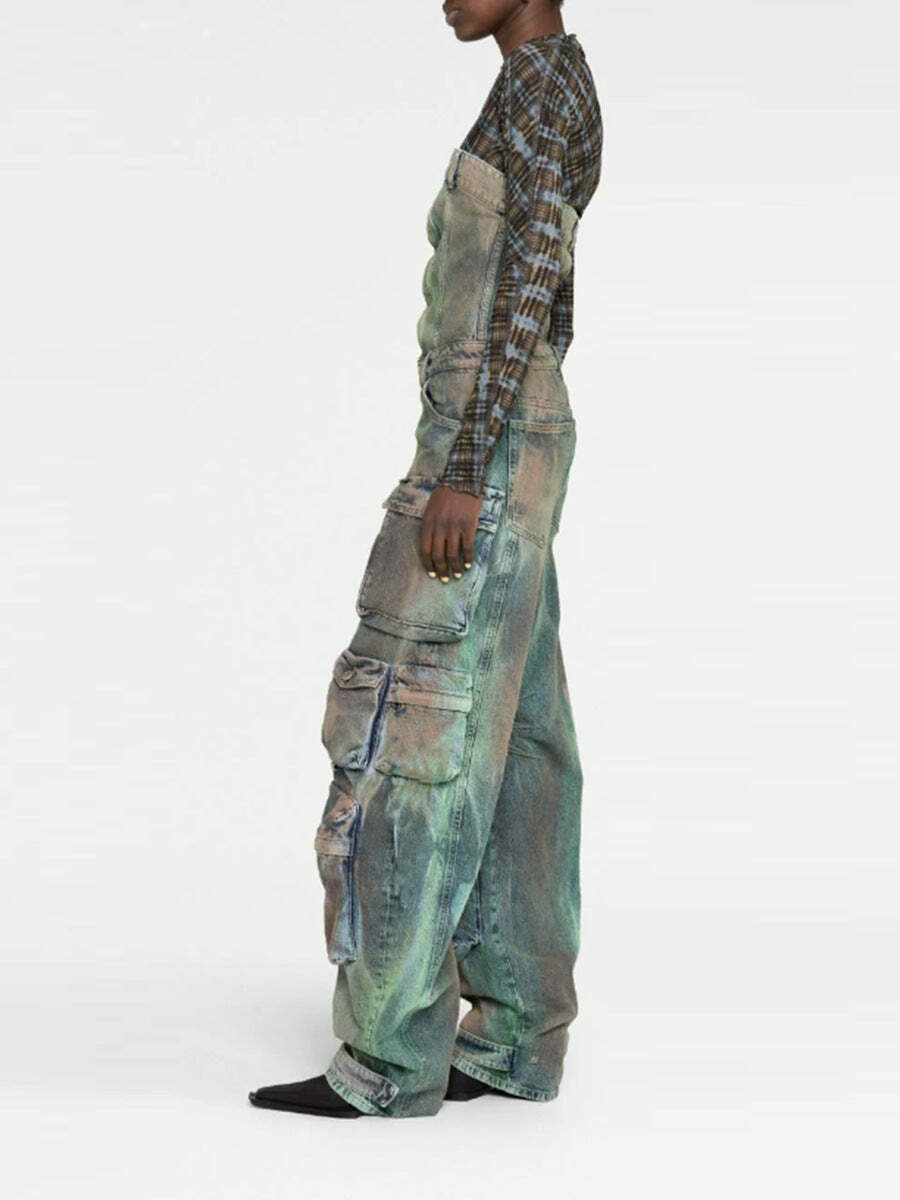 Y2K Street Cargo Jumpsuit with Mid-Waist Tie-Dye Effect - Coquette Aesthetic Grunge Style for Women