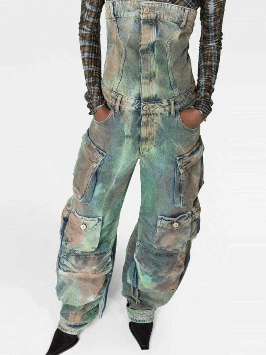 Y2K Street Cargo Jumpsuit with Mid-Waist Tie-Dye Effect - Coquette Aesthetic Grunge Style for Women