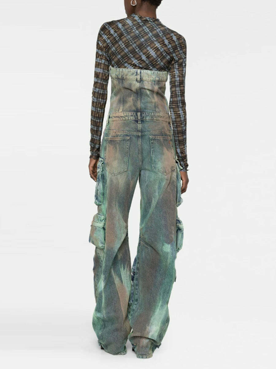 Y2K Street Cargo Jumpsuit with Mid-Waist Tie-Dye Effect - Coquette Aesthetic Grunge Style for Women