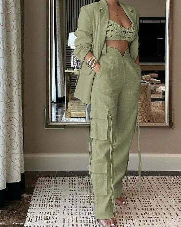 Y2K Street Cargo Pants Suit with Coquette Aesthetic and Grunge Style for Women